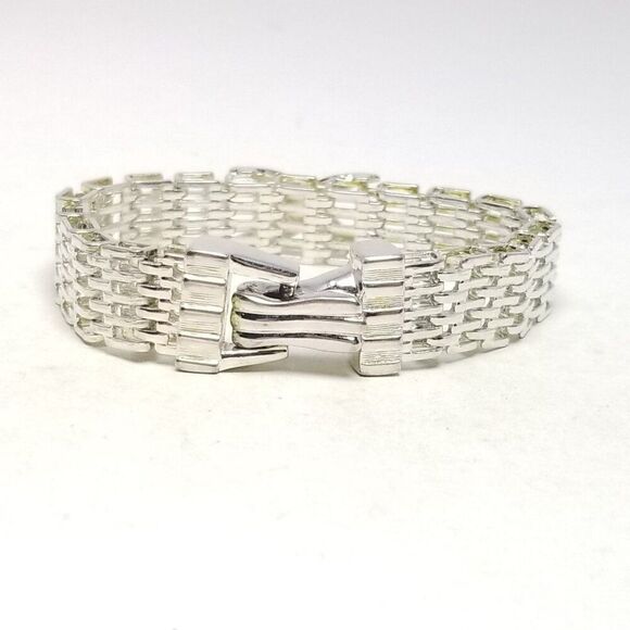 Vintage Lattice Chain Bracelet with X Design Center, Silver Tone Metal, Estate - Picture 3 of 5